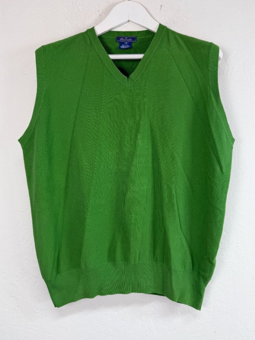Vintage Faconnable Green V-Neck Sweater Vest Men Medium Cotton Knit Preppy Italy